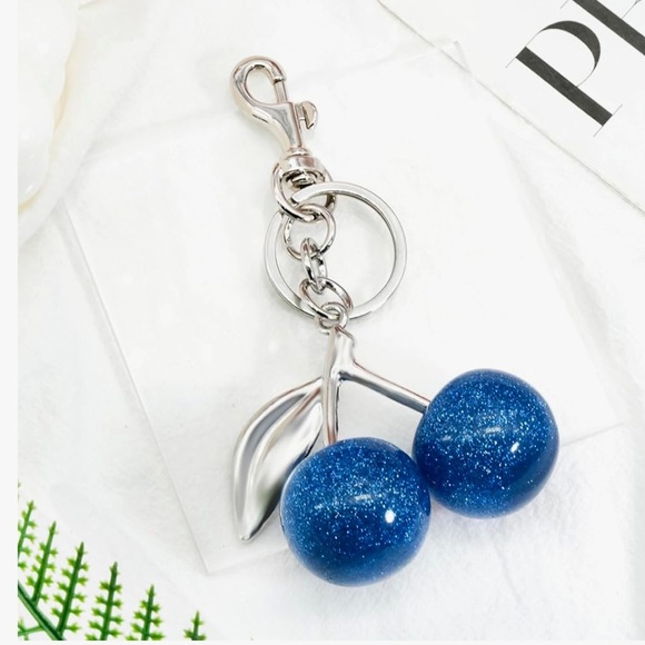 Cherry purse charm, blue sparkles, silver hardware perfect for your Coach bag - Picture 1 of 3